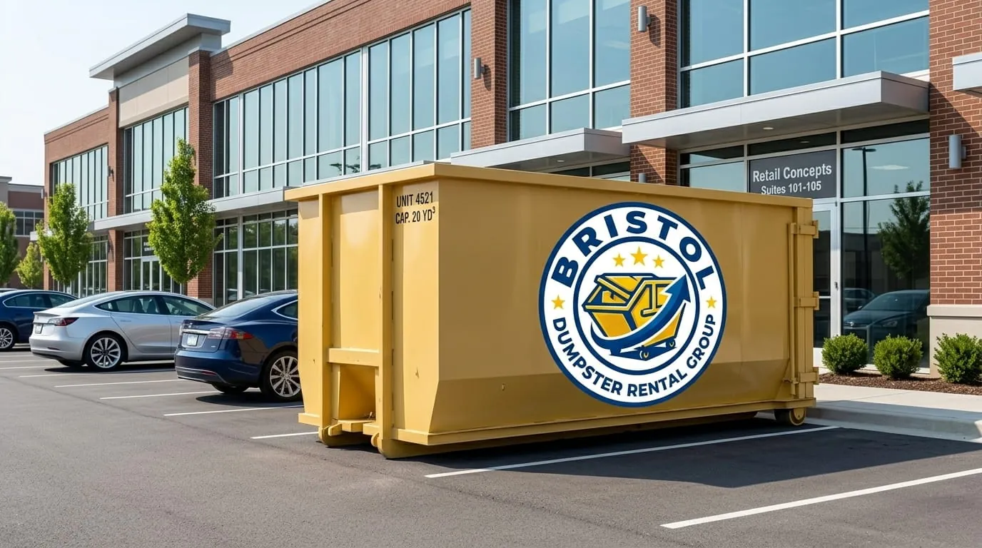 Commercial roll-off container at an office plaza in Bristol, Connecticut Commercial roll-off container at an office plaza in Bristol, Connecticut