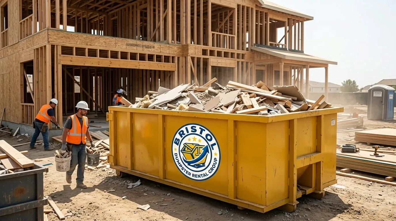 Roll-off container of construction debris at a framing site in Bristol, Connecticut Roll-off container of construction debris at a framing site in Bristol, Connecticut