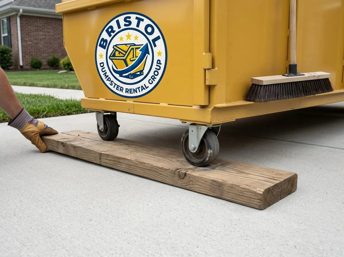 Close-up of roll-off dumpster wheels resting on a timber protection board