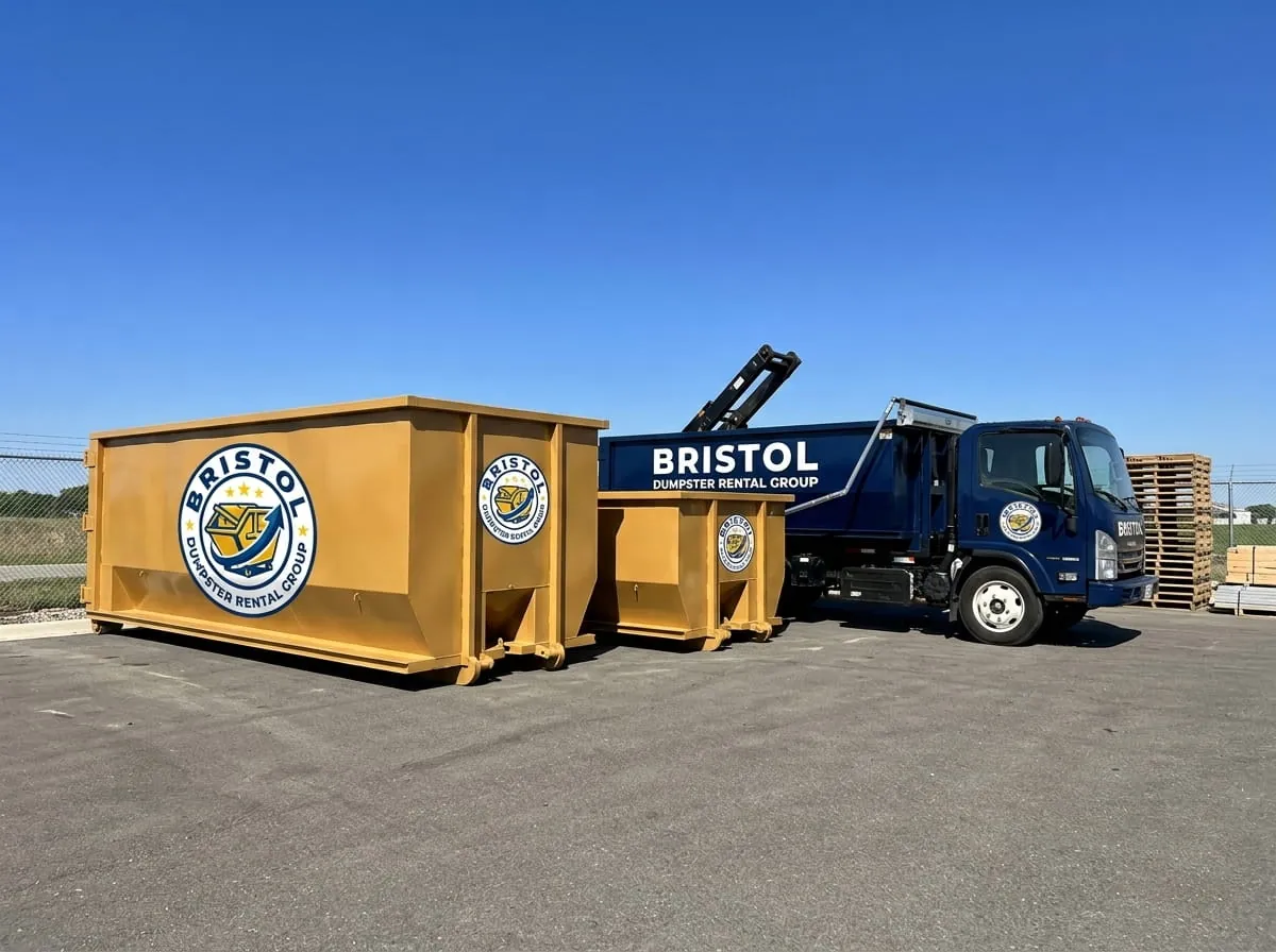 Bristol Dumpster Rental Group roll-off truck fleet parked at the Bristol yard Bristol Dumpster Rental Group roll-off truck fleet parked at the Bristol yard
