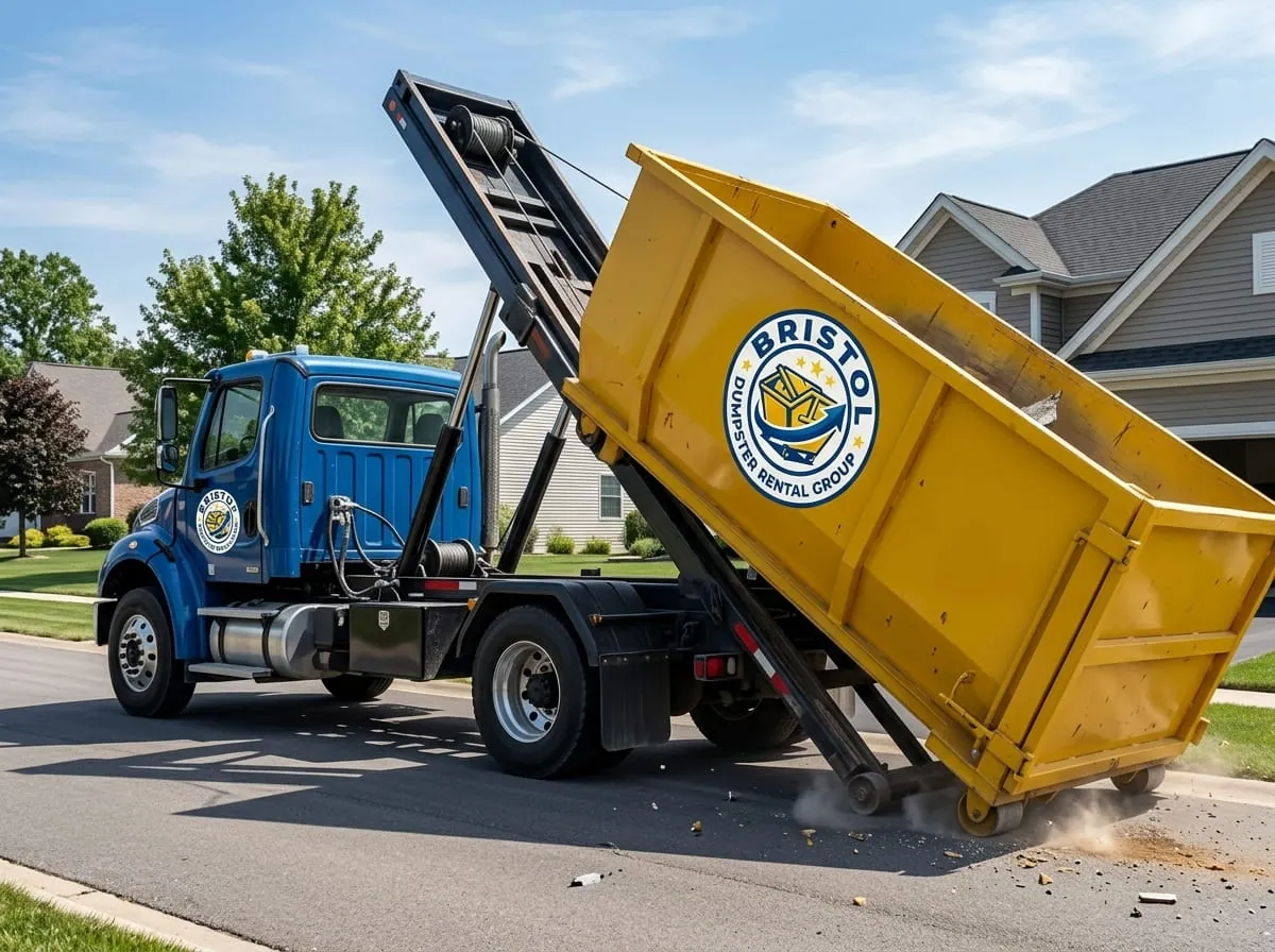 Roll-off truck tipping a container into place in Bristol, Connecticut Roll-off truck tipping a container into place in Bristol, Connecticut