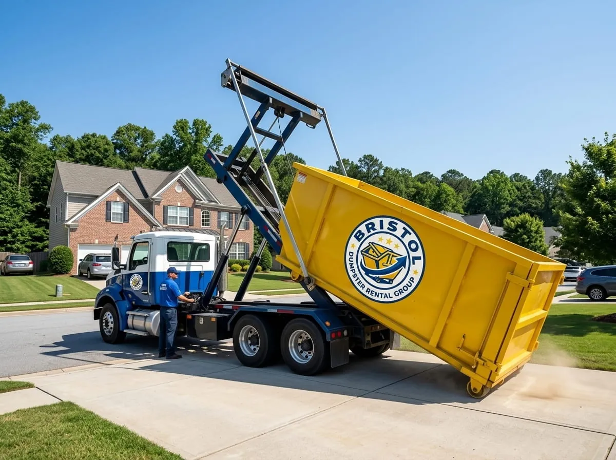 Bristol Dumpster Rental Group truck placing a container on a residential street