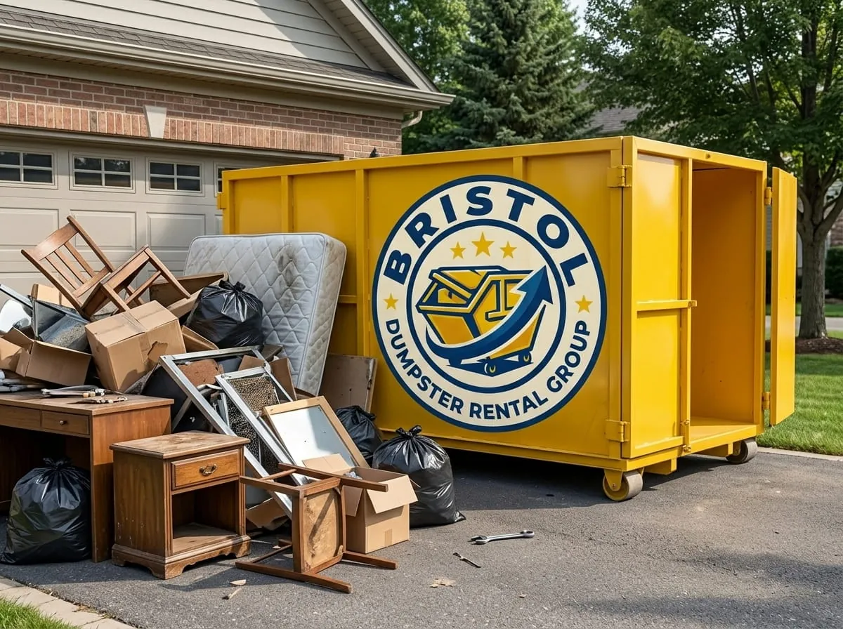 Roll-off container beside a large household debris pile in Bristol, Connecticut Roll-off container beside a large household debris pile in Bristol, Connecticut